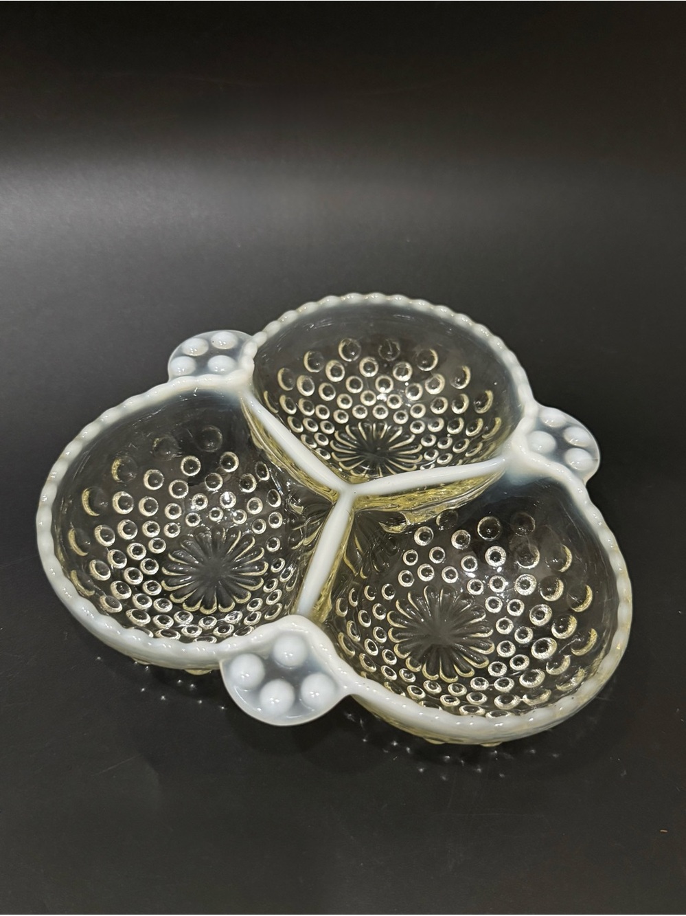 Vintage Anchor Hocking Moonstone Opalescent Hobnail 3-Section Relish Dish